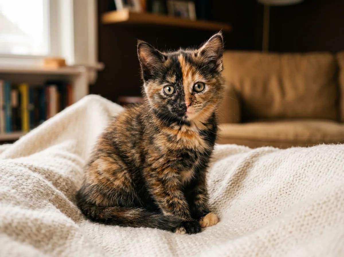 A young tortoiseshell kitten with a brindled black and orange coat sitting upright on a soft blanket, large eyes, photorealistic