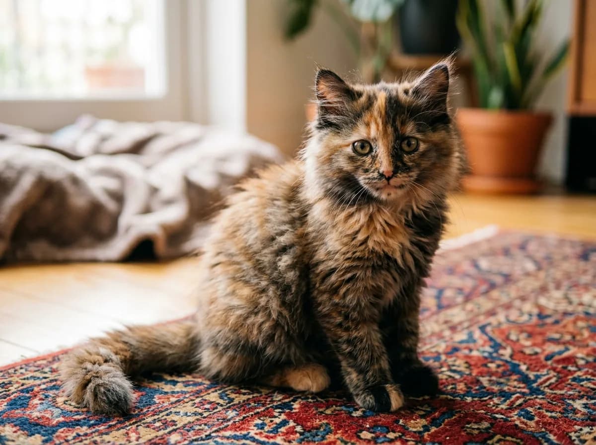 A long-haired tortoiseshell kitten with fluffy orange and black fur and a plumed tail, photorealistic