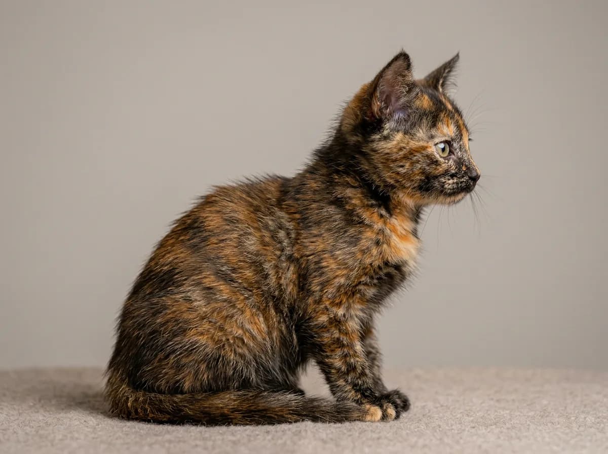 A single tortoiseshell kitten sitting in side profile against a plain neutral backdrop, brindled orange and black coat, photorealistic