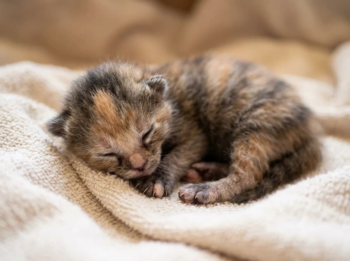 A newborn tortoiseshell kitten only a few days old with eyes still closed, faint orange and black mottling beginning to show in soft fur, photorealistic