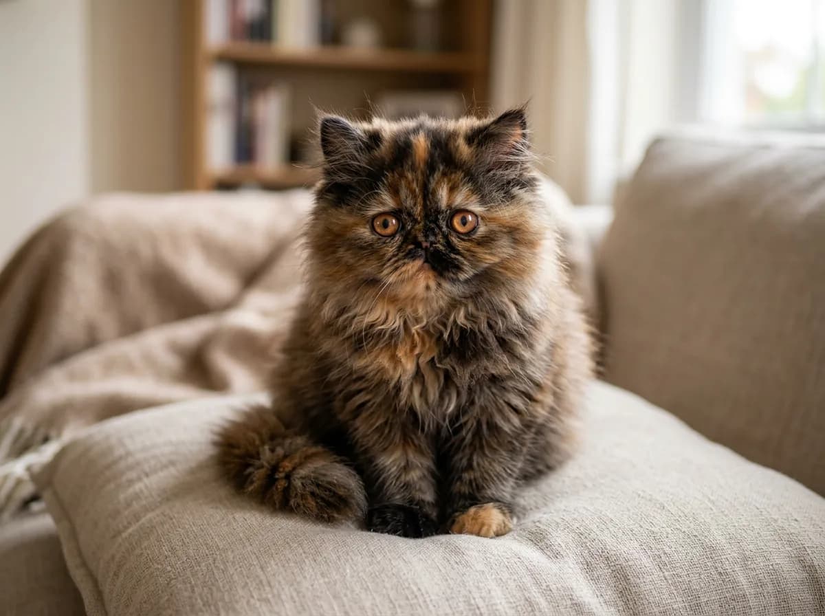 A long-haired tortoiseshell Persian-type kitten with a flat face and plush brindled coat, photorealistic