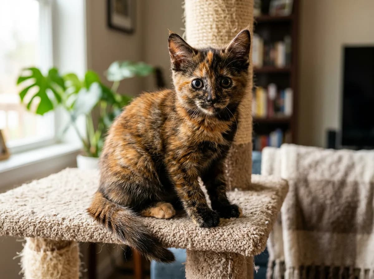 A tortoiseshell kitten with an alert, expressive face perched on a cat tree, brindled coat, photorealistic