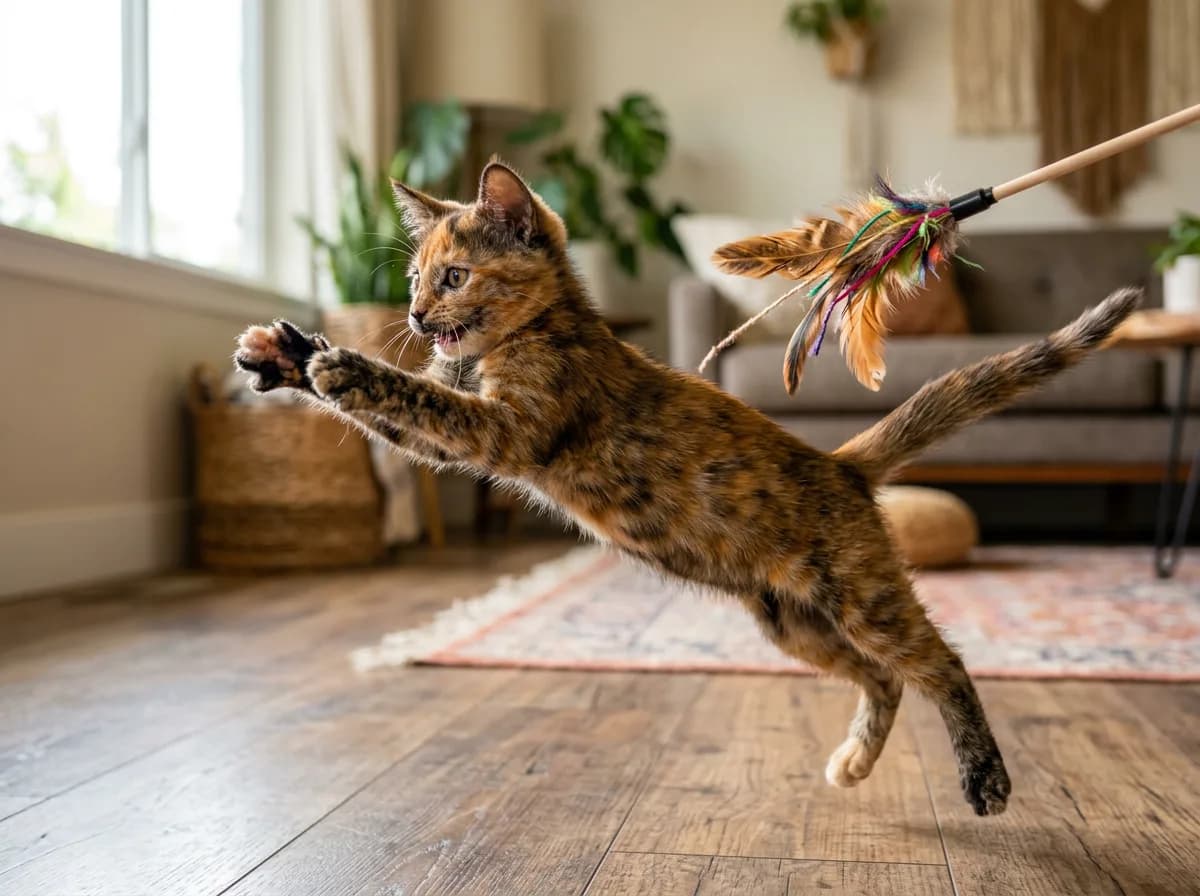 A tortoiseshell kitten mid-pounce chasing a feather toy, brindled orange and black coat in motion, photorealistic