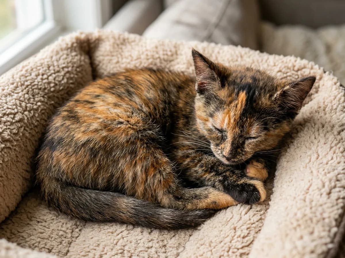 A tortoiseshell kitten sleeping in a fleece bed, orange and black fur, photorealistic