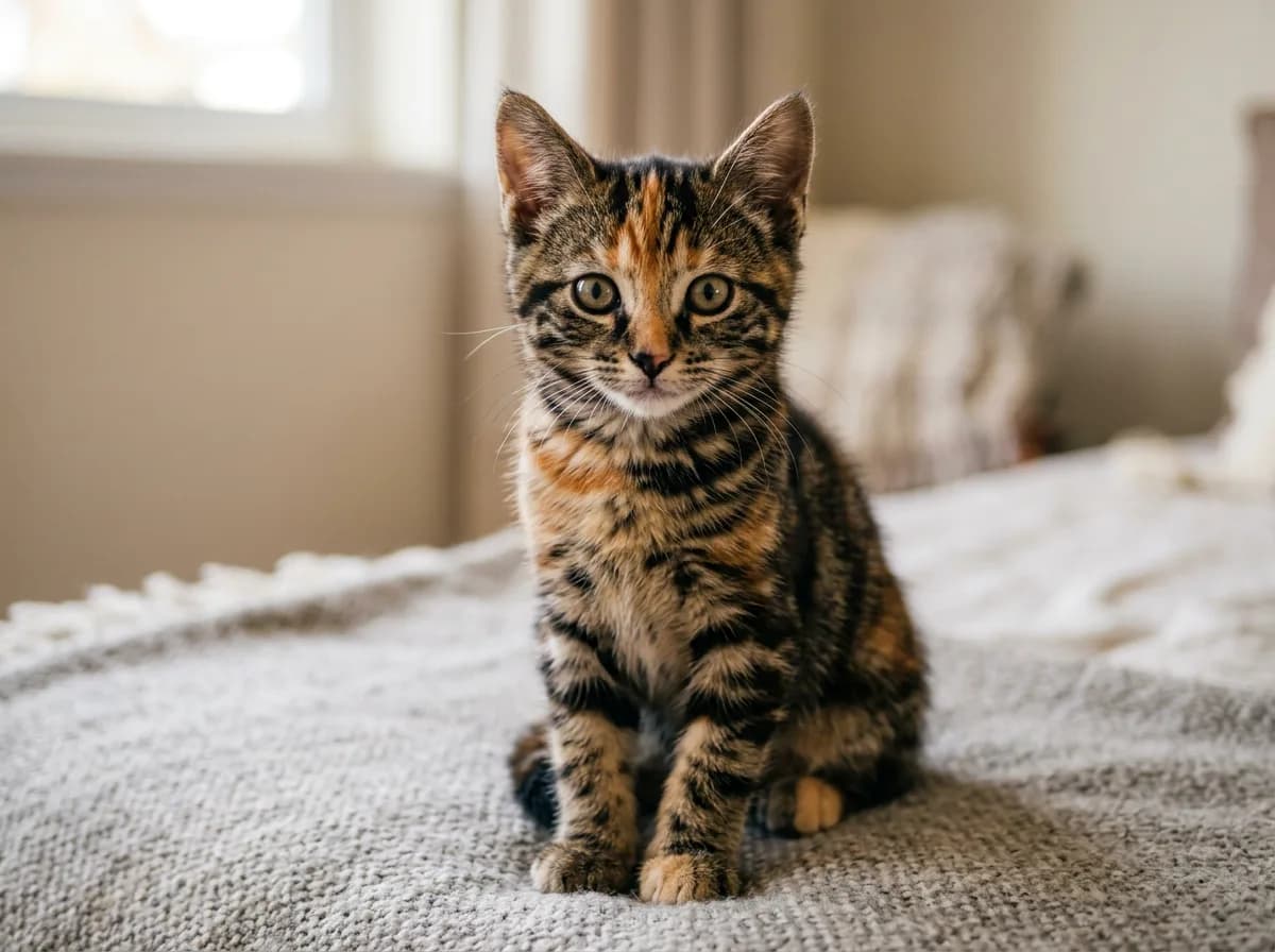 A torbie kitten showing tortoiseshell orange and black patches overlaid with visible tabby stripes and an M marking on the forehead, photorealistic