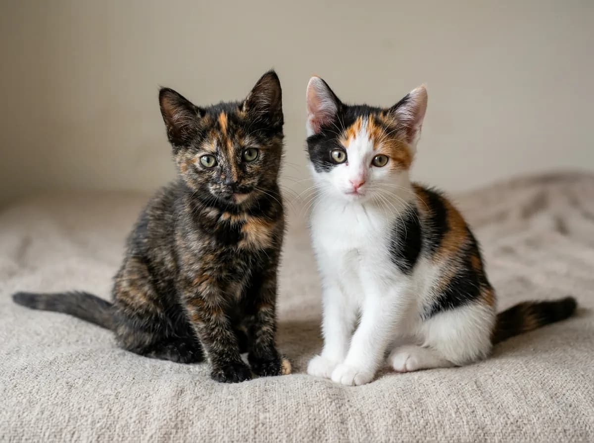 Two kittens side by side, a brindled tortoiseshell kitten with no white on the left and a calico kitten with a white coat and large distinct orange and black patches on the right, photorealistic