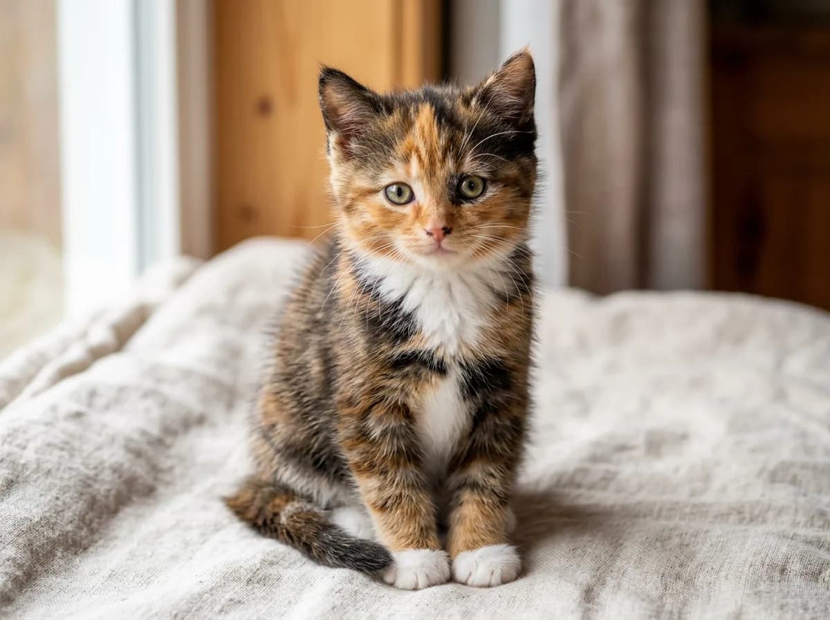 A tortoiseshell-and-white kitten with brindled orange and black fur plus a white chest, belly, and paws, photorealistic