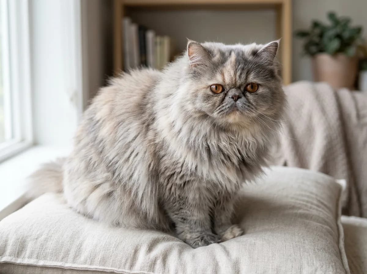 A blue-cream dilute tortoiseshell Persian cat with soft blue-gray and pale cream brindled fur