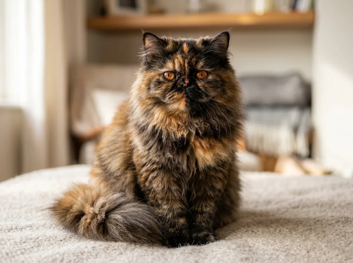 A long-haired tortoiseshell Persian cat with a flat brachycephalic face, copper eyes, and a brindled black-and-red coat sitting upright