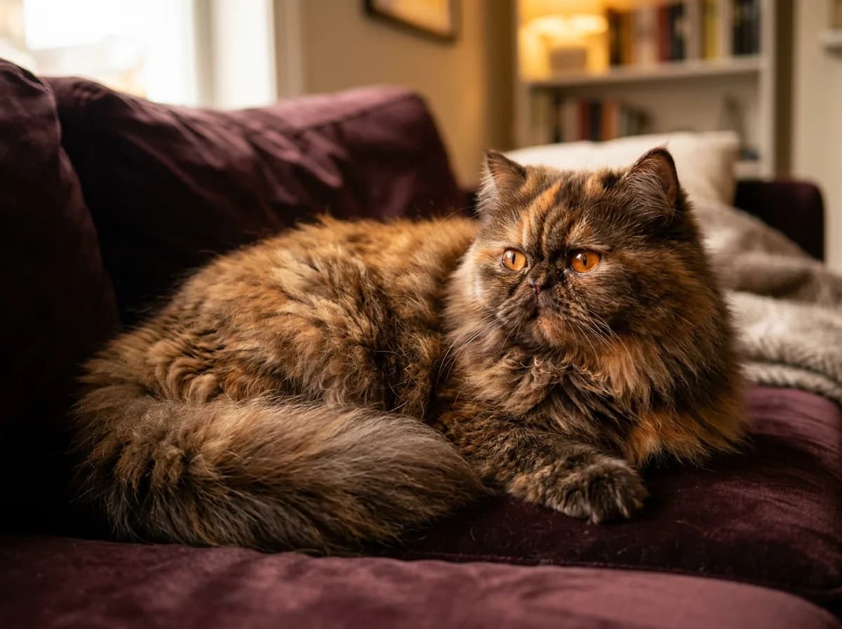A chocolate tortoiseshell Persian cat with warm brown and red brindled fur and copper eyes