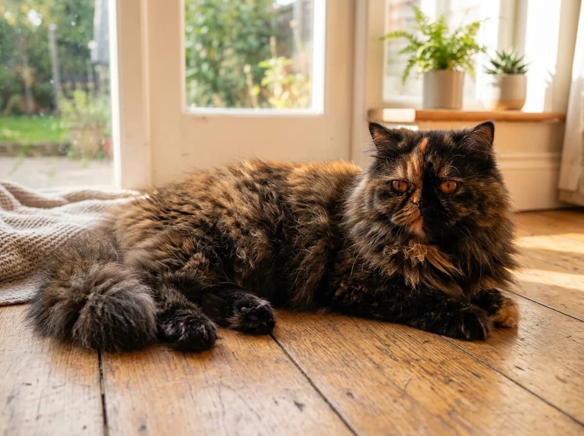 A classic black tortoiseshell Persian cat showing a brindled mix of black and bright red patches across a long coat