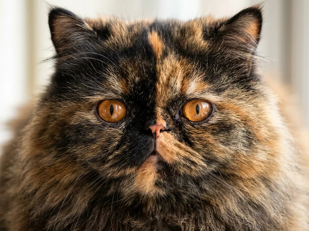 A close-up of a tortoiseshell Persian cat's flat brachycephalic face showing the snub nose, round copper eyes, and tortie coloring around the cheeks