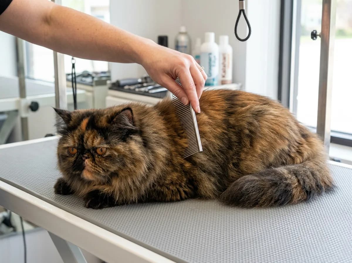 A tortoiseshell Persian cat being gently brushed with a wide-tooth comb, showing the long dense double coat being worked through