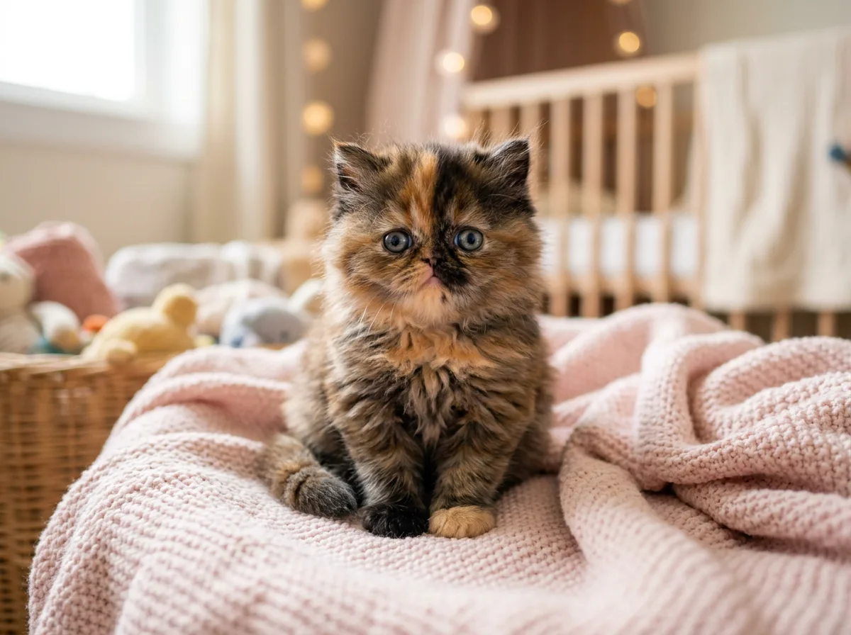 A fluffy tortoiseshell Persian kitten with blue kitten eyes and a brindled black-and-red coat sitting on a soft blanket