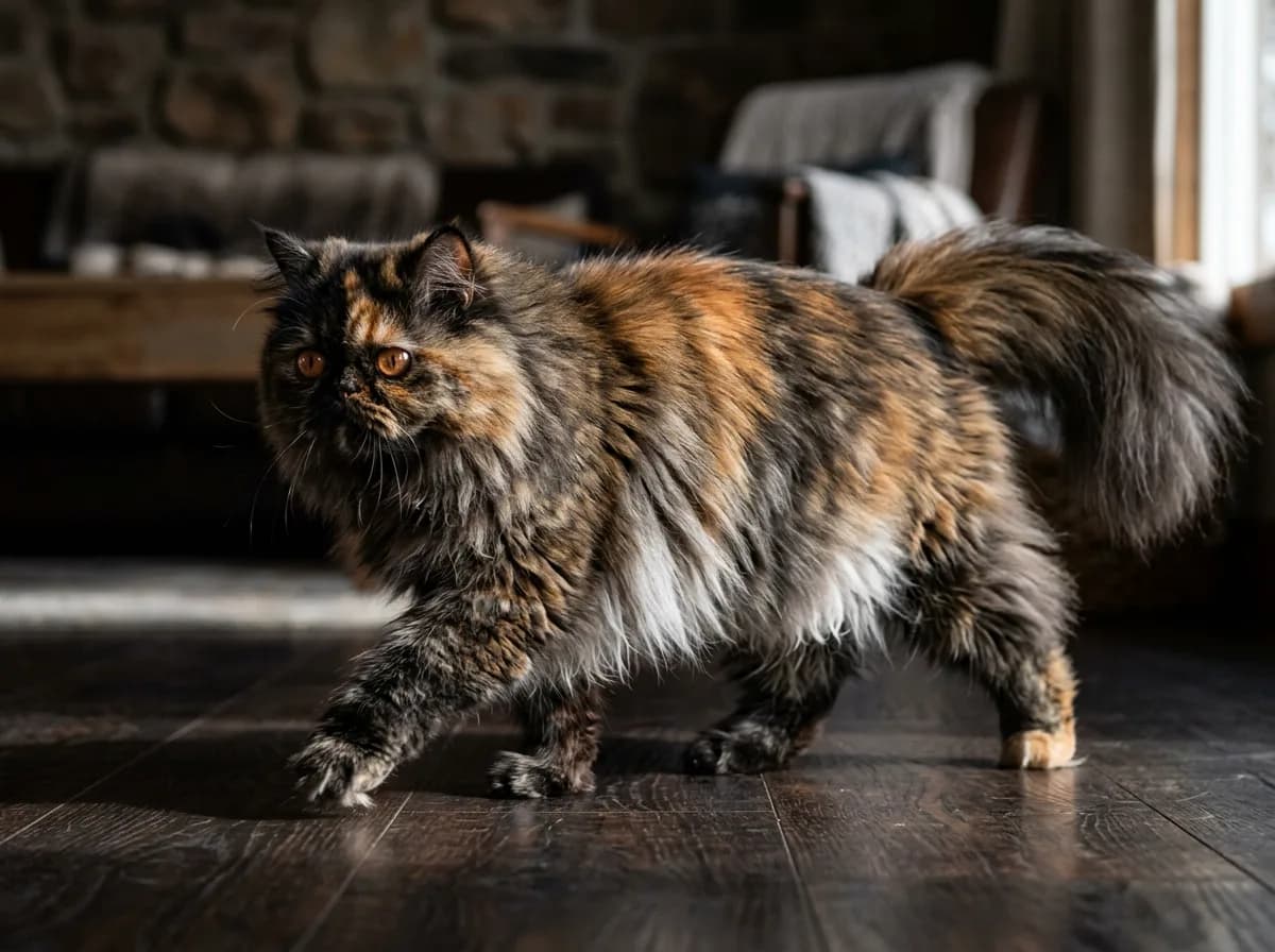 A tortoiseshell smoke Persian cat with a pale white undercoat showing through brindled black and red tipped fur