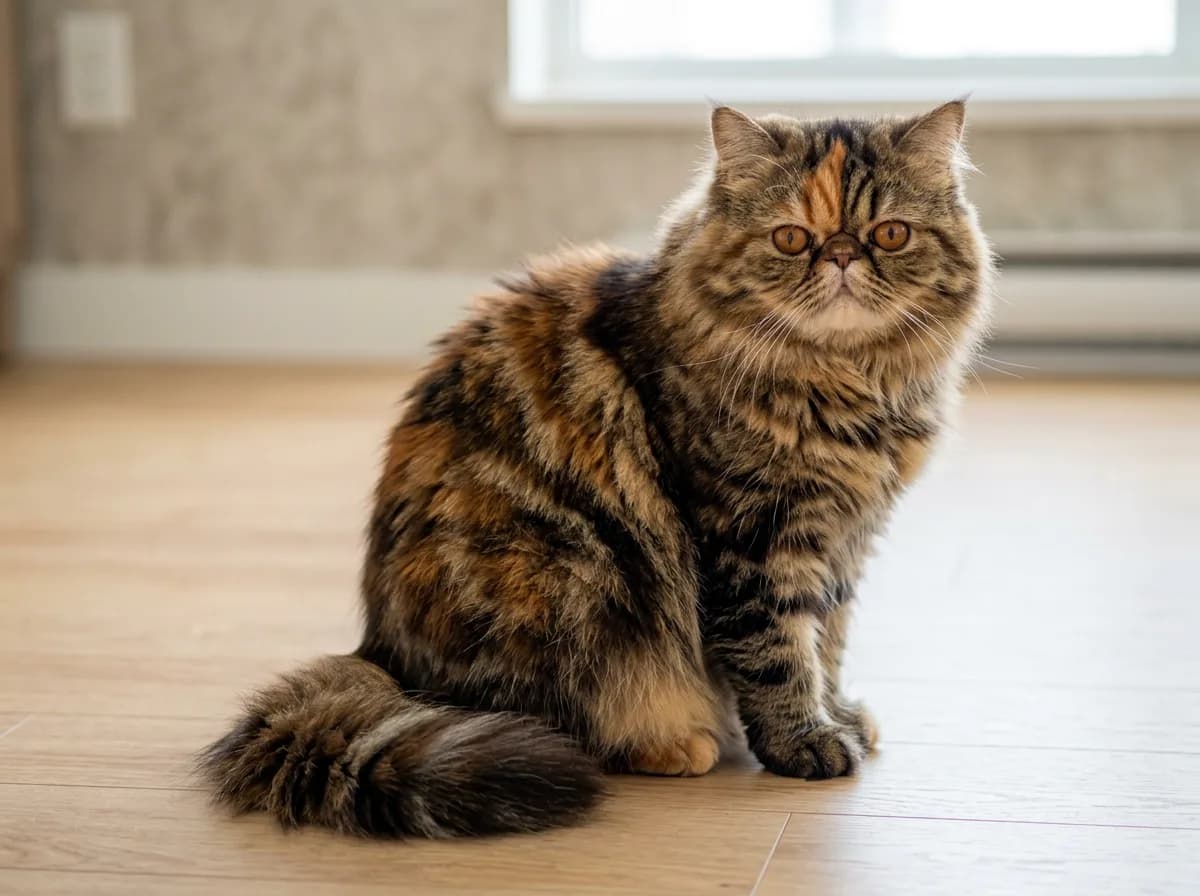 A tortie tabby (torbie) Persian cat showing tabby striping in the red patches mixed with brindled tortoiseshell areas