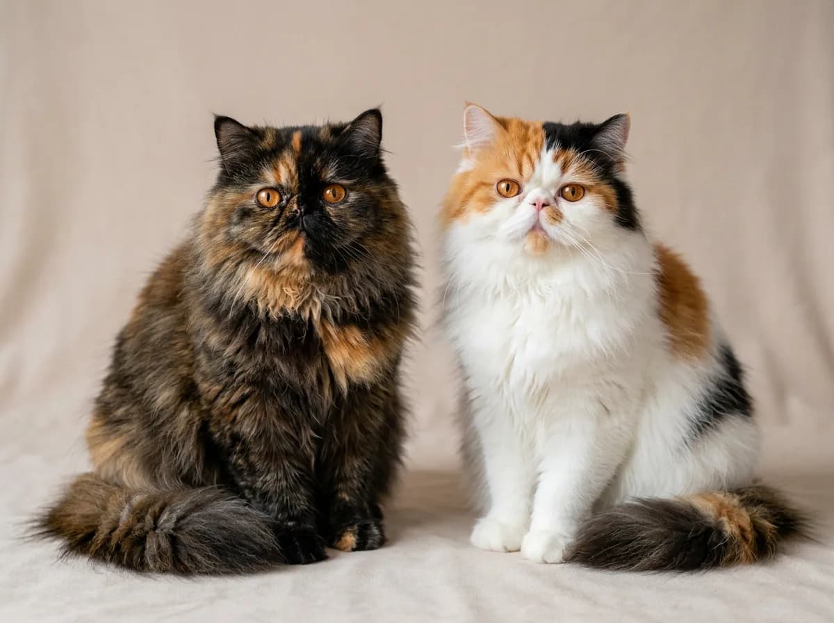 Side-by-side comparison of a brindled tortoiseshell Persian cat and a predominantly white calico Persian cat with distinct orange and black patches