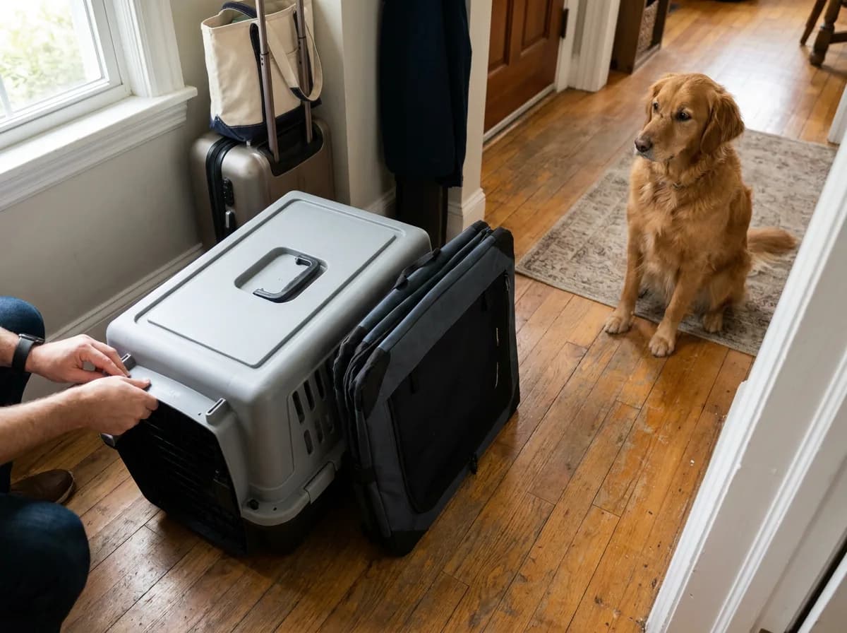 Owner preparing a hard-sided kennel and folded soft crate beside luggage while a dog waits nearby.