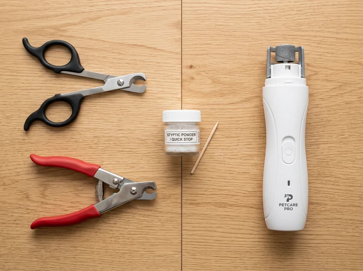 Flat-lay comparing scissor and guillotine dog nail clippers with a cordless nail grinder and styptic powder