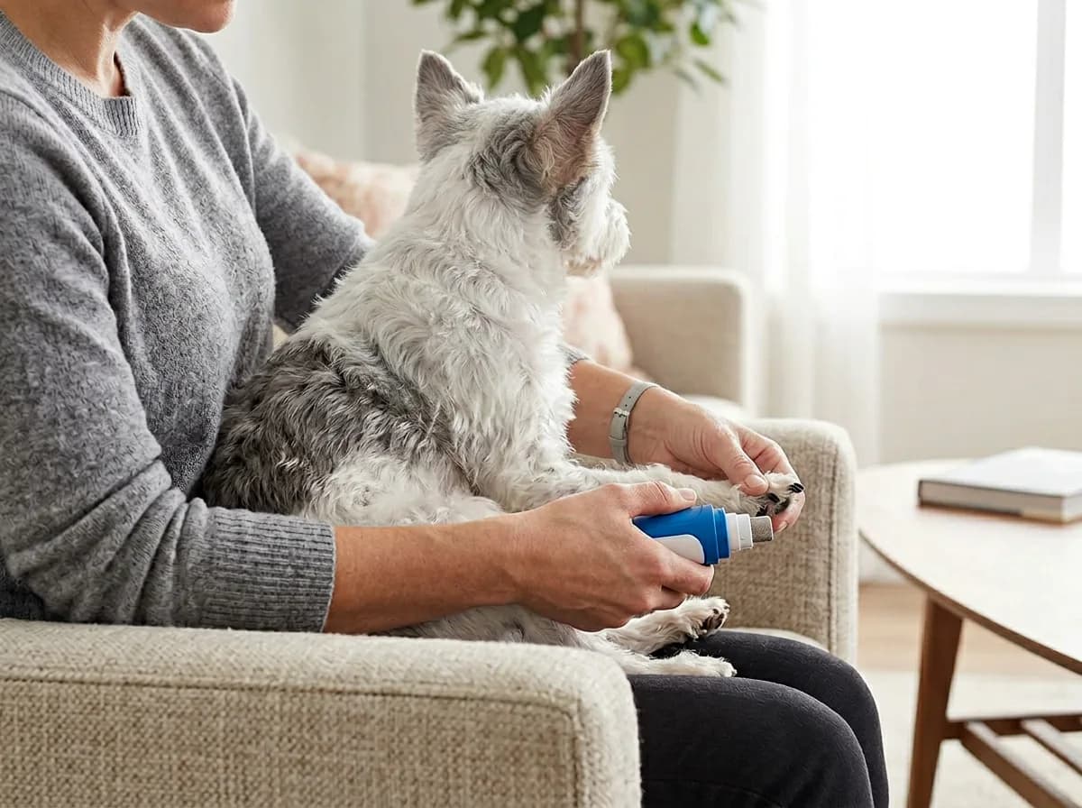 Person holding a small terrier facing away and using a nail grinder on a hind paw at the correct angle
