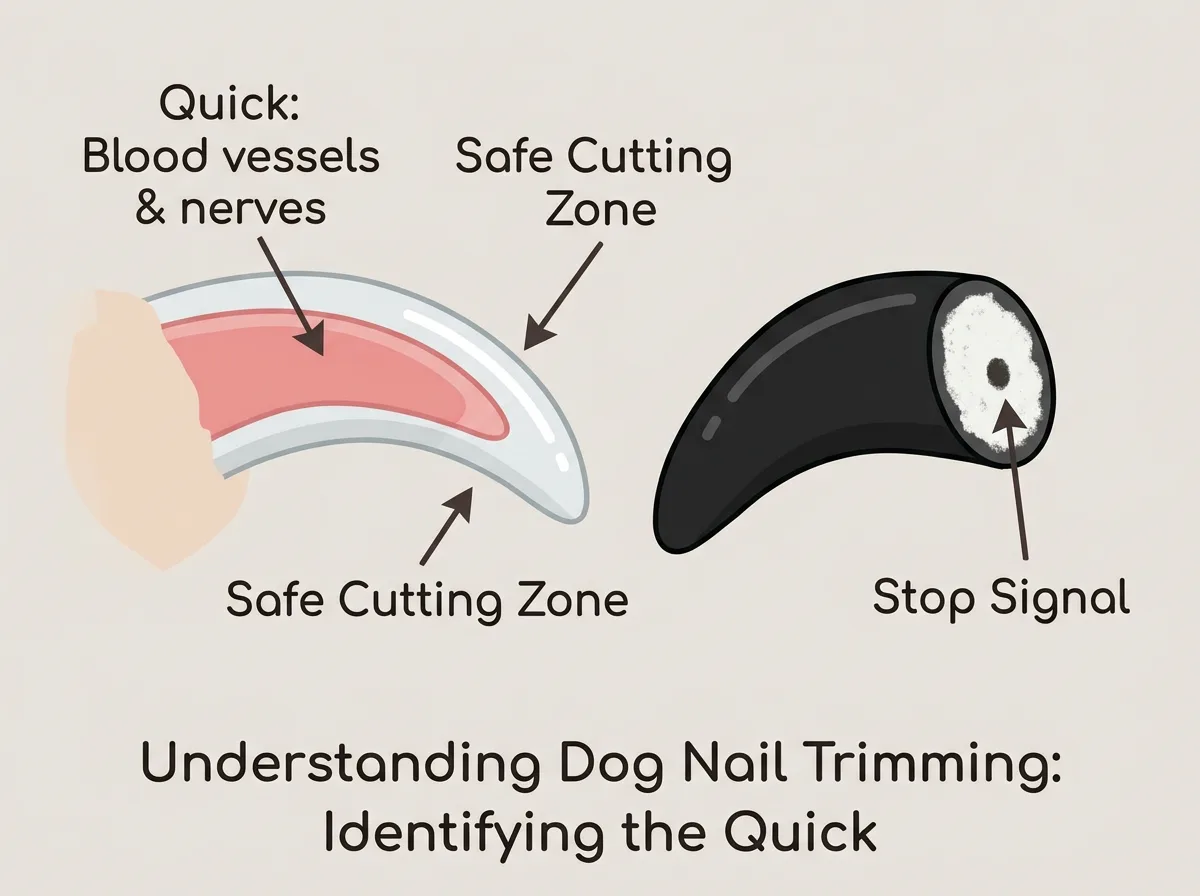 Labeled diagram comparing a light nail with a visible pink quick and a black nail showing the dark dot stop signal