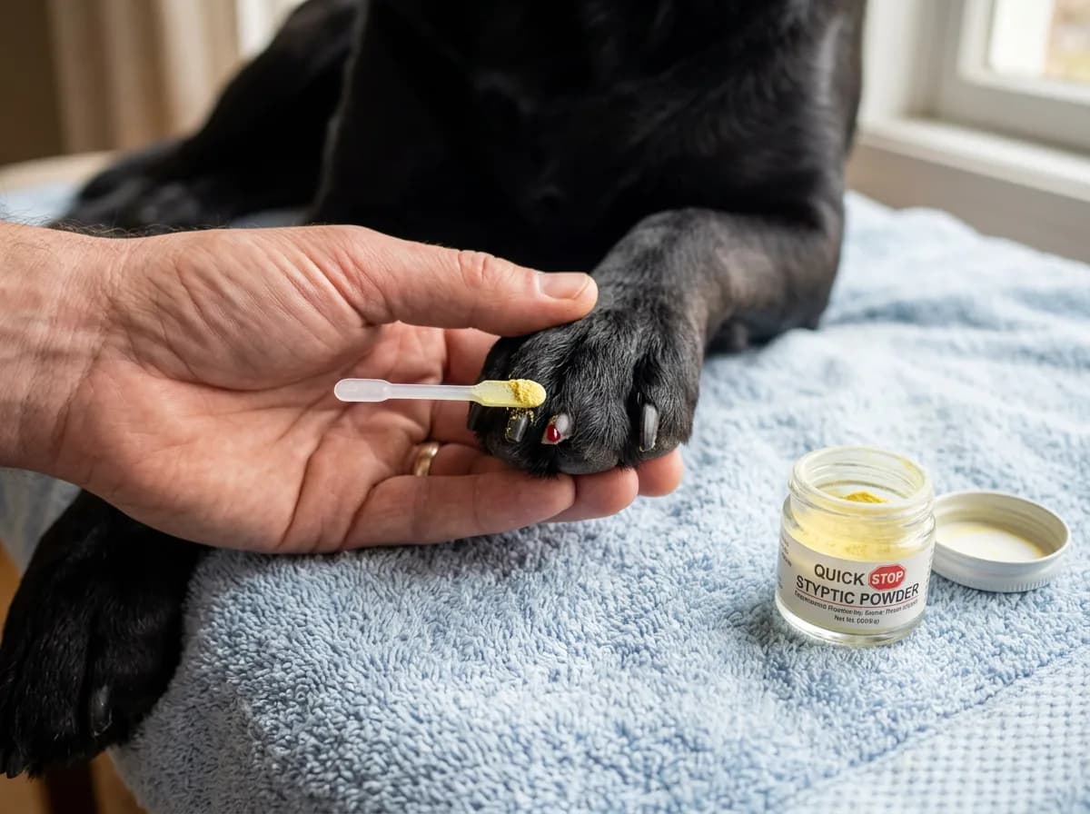 Hand applying styptic powder to the tip of a black Labrador's nail with an open jar of powder nearby