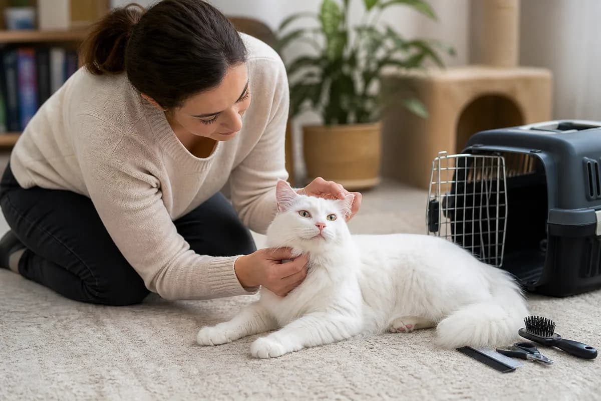 Owner gently checking a Turkish Angora at home beside a carrier and grooming tools