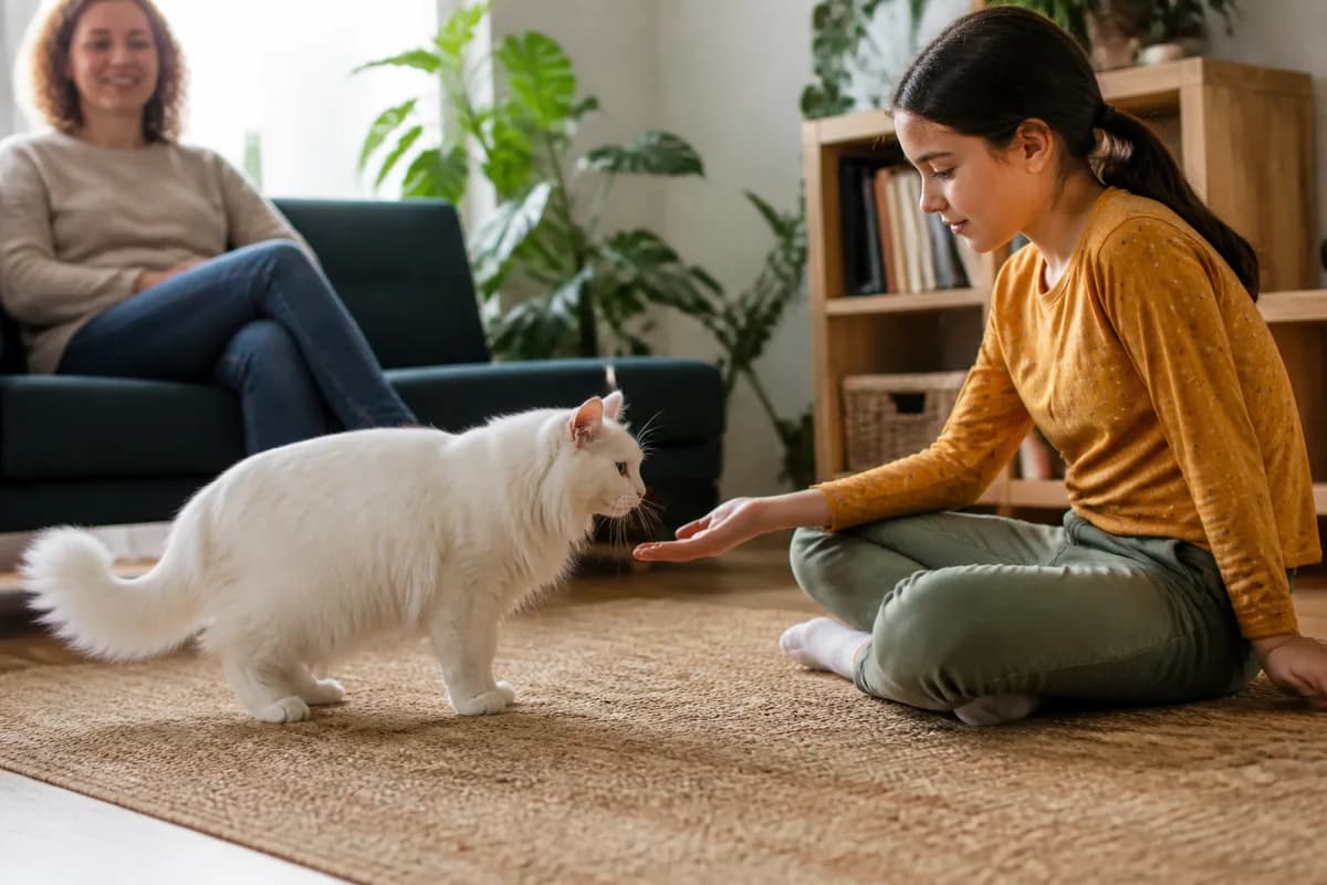 Supervised calm interaction between a Turkish Angora and an older child in a home