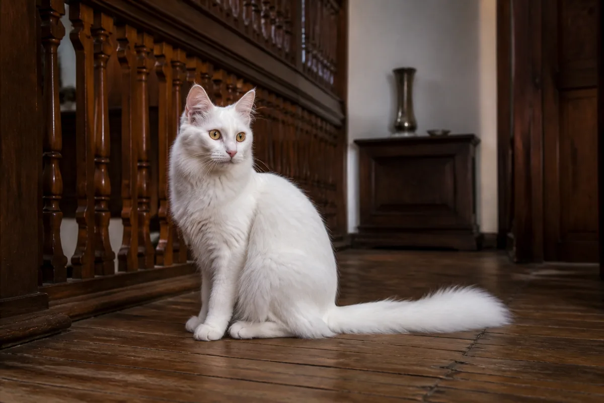 Elegant white Turkish Angora in a calm Ankara-inspired interior with no costume or tourist props