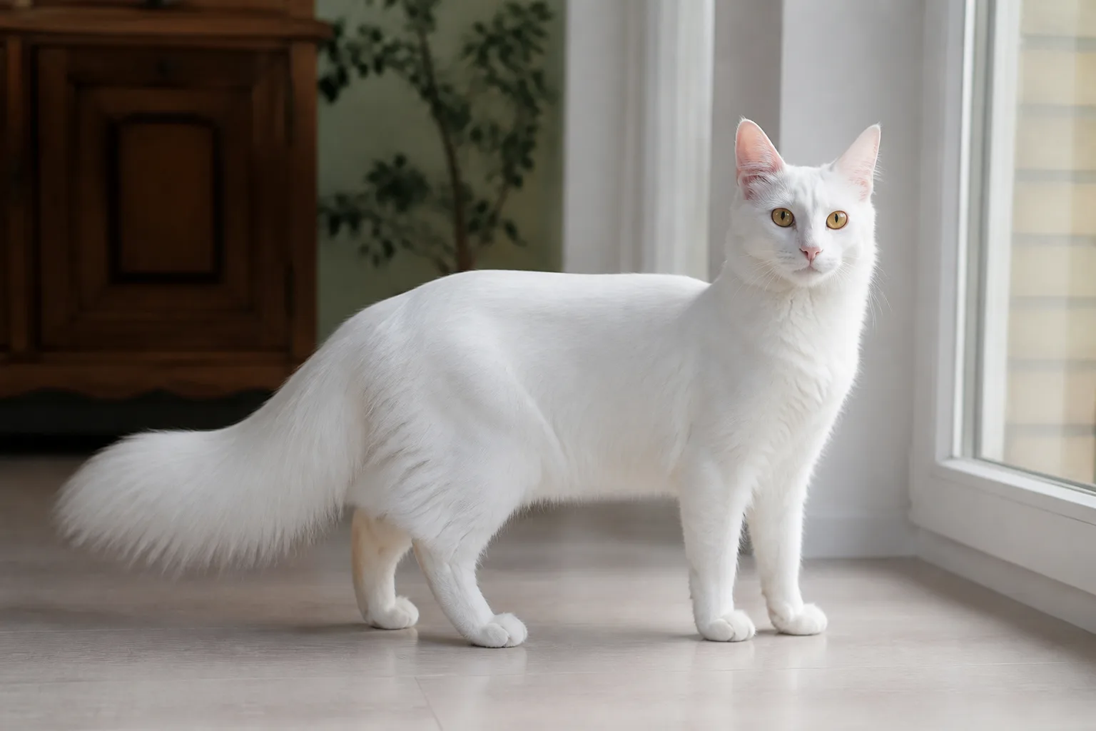 Adult white Turkish Angora standing alert in a bright lived-in home, with its long fine body, large upright ears, almond eyes, and plumed tail visible