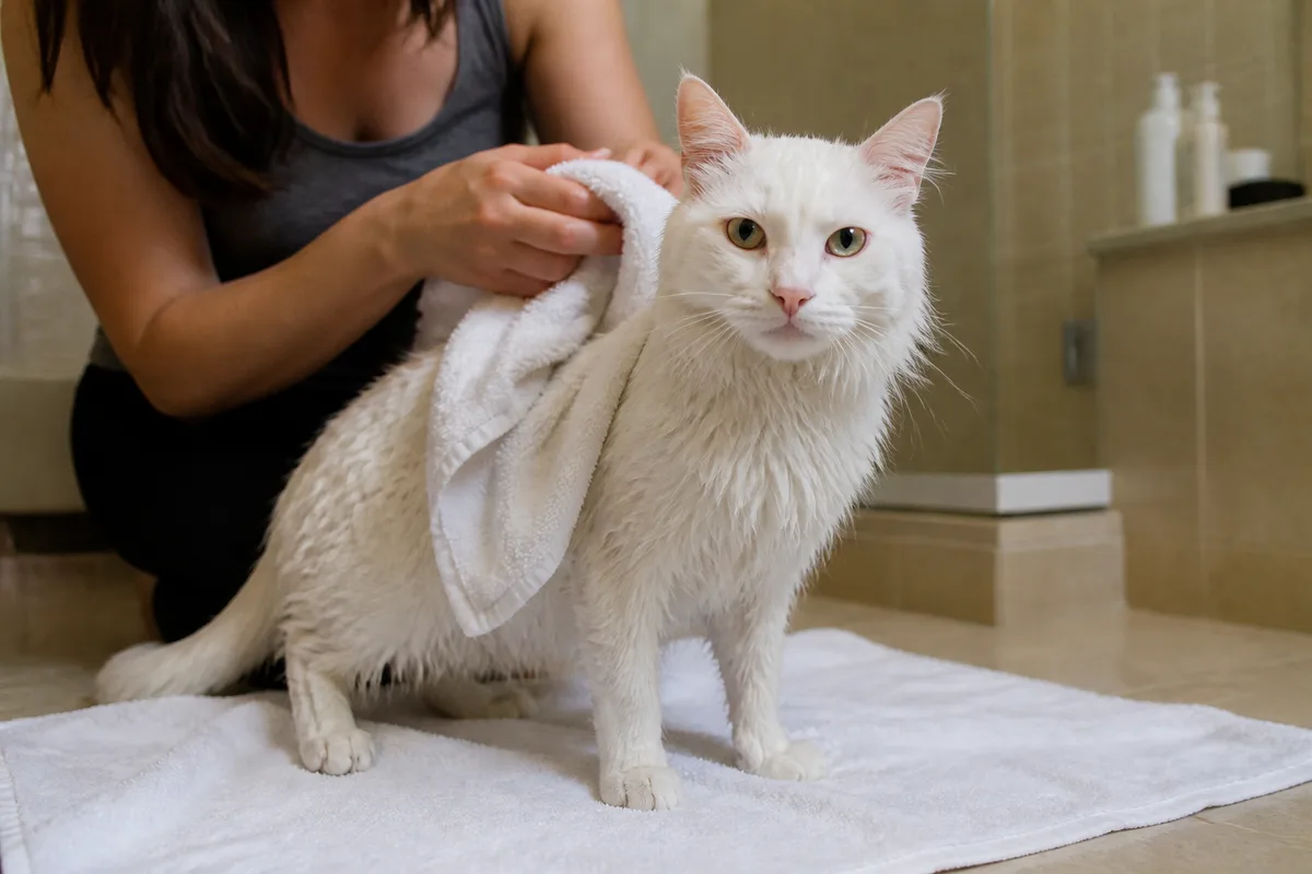 Calm Turkish Angora being towel-dried after an as-needed bath, with no forced restraint
