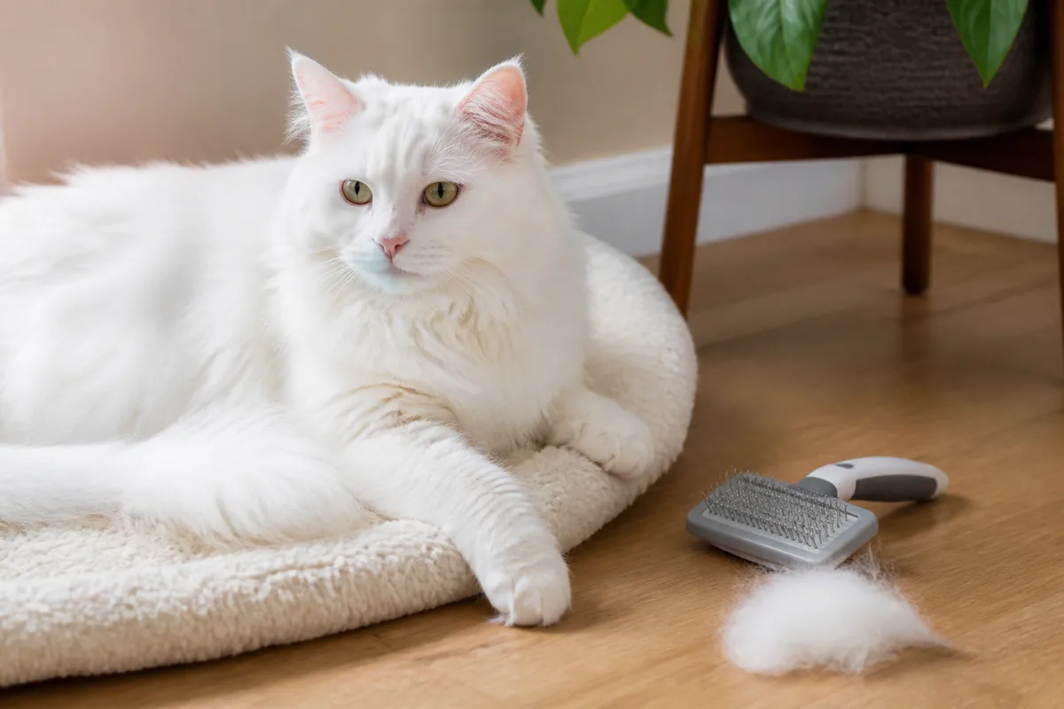 Colored Turkish Angora beside a small realistic amount of loose fur after brushing