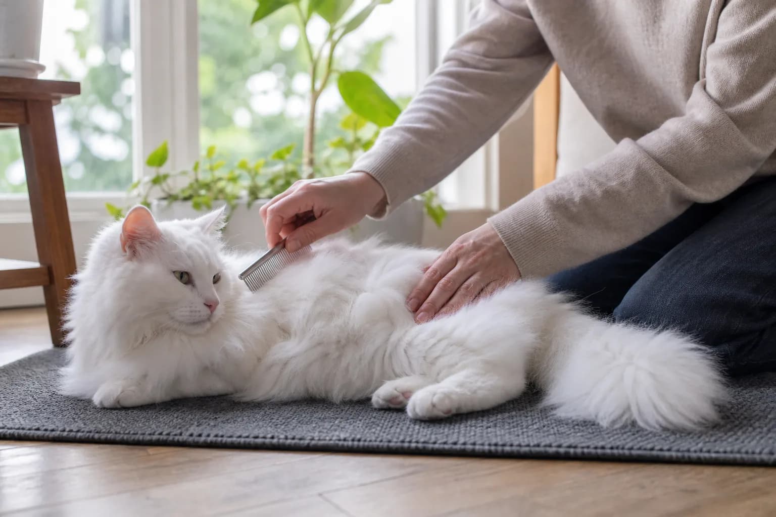 Owner gently combing a relaxed white Turkish Angora on a nonslip mat in window light