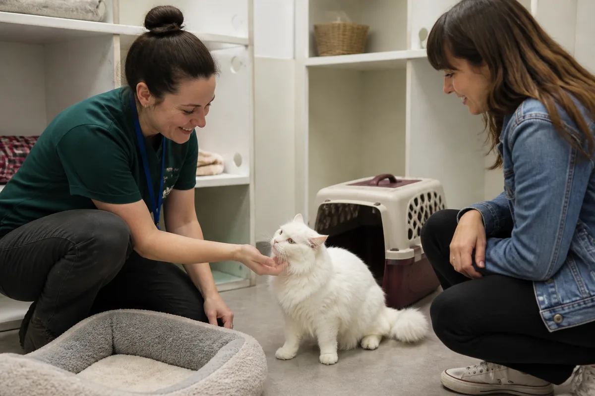 Adoption counselor introducing an adult longhaired white cat without claiming breed from appearance