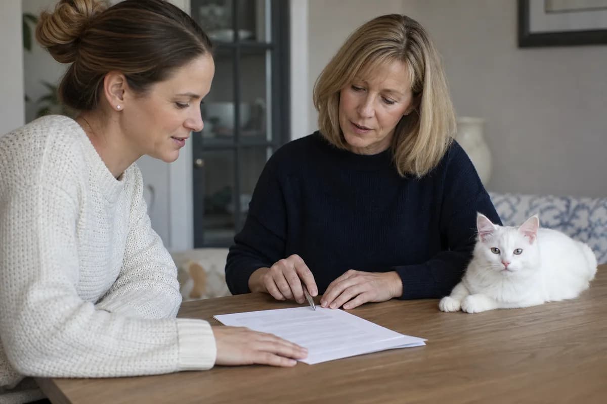 Buyer and breeder reviewing a neutral kitten contract at a table with private details obscured