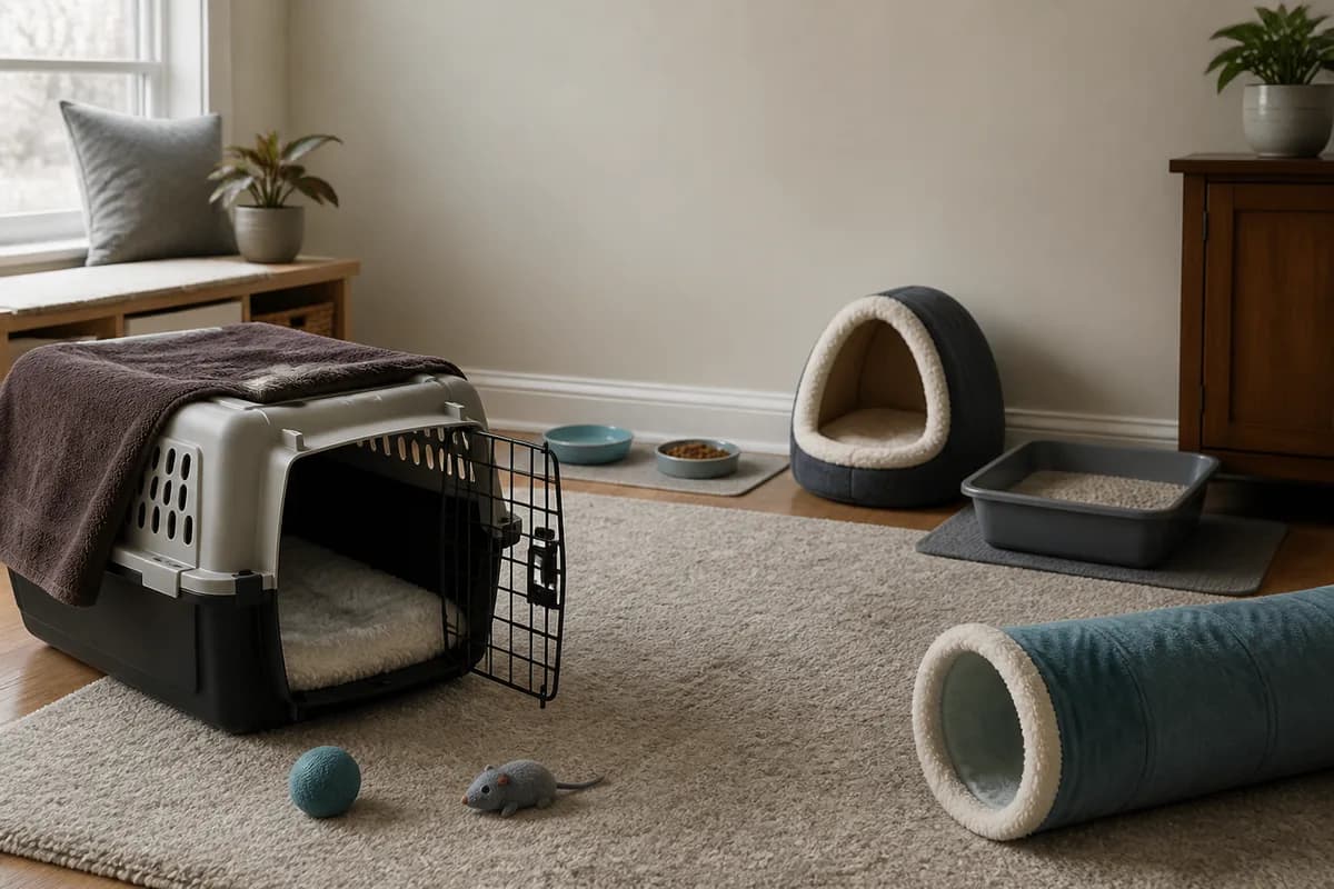 Carrier, quiet room, litter tray, bed, tunnel, and wand toy ready for a new kitten