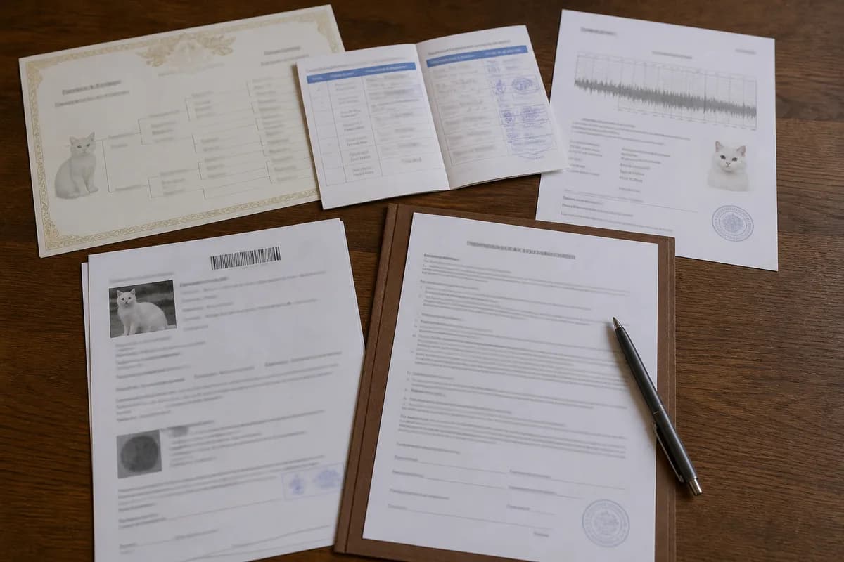 Pedigree, vaccine record, hearing-test record, microchip information, and contract with private details obscured