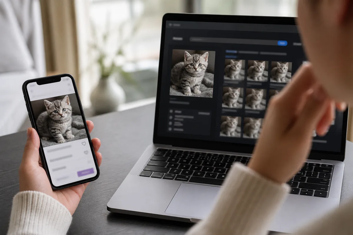 Phone showing a generic kitten listing beside a laptop running a reverse image search, with no real seller details