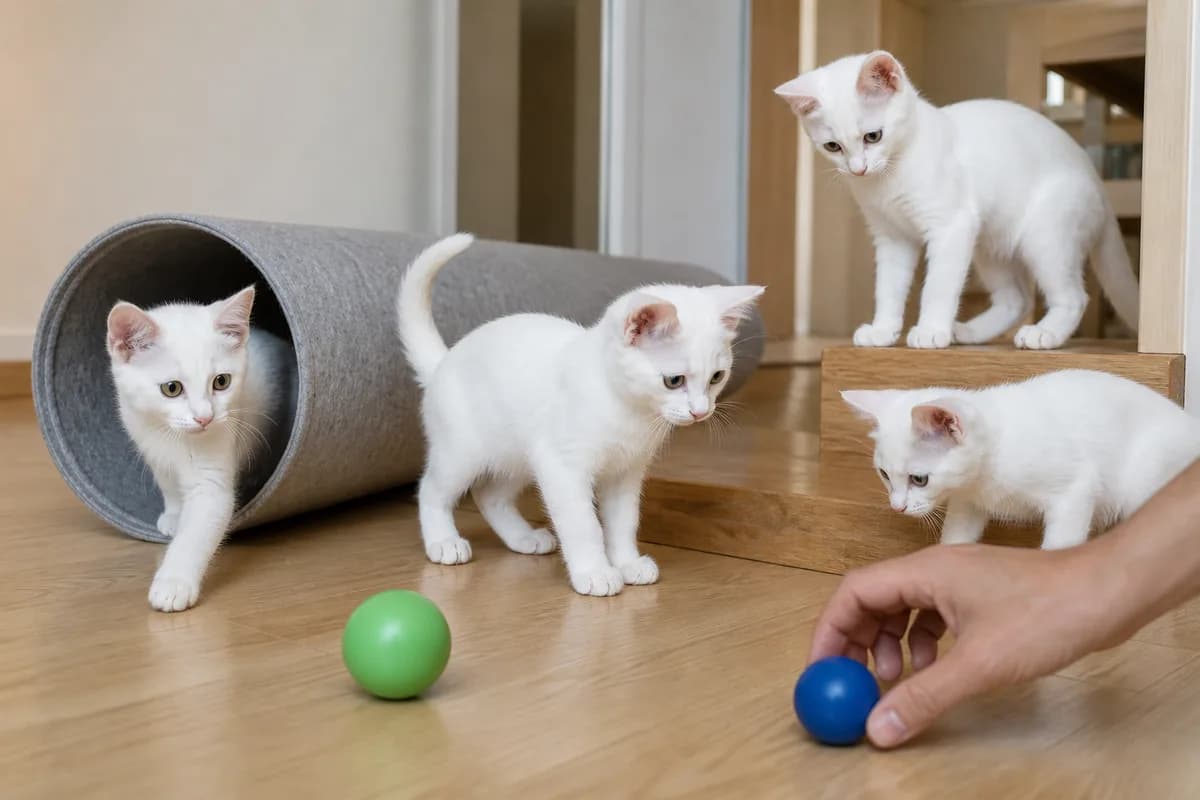 Turkish Angora kittens exploring safe toys and household surfaces with relaxed body language