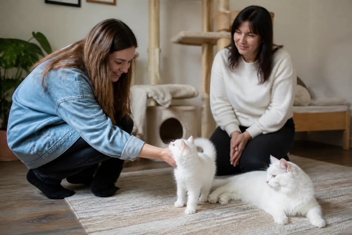 Prospective owner seeing a Turkish Angora kitten and mother during a supervised home visit