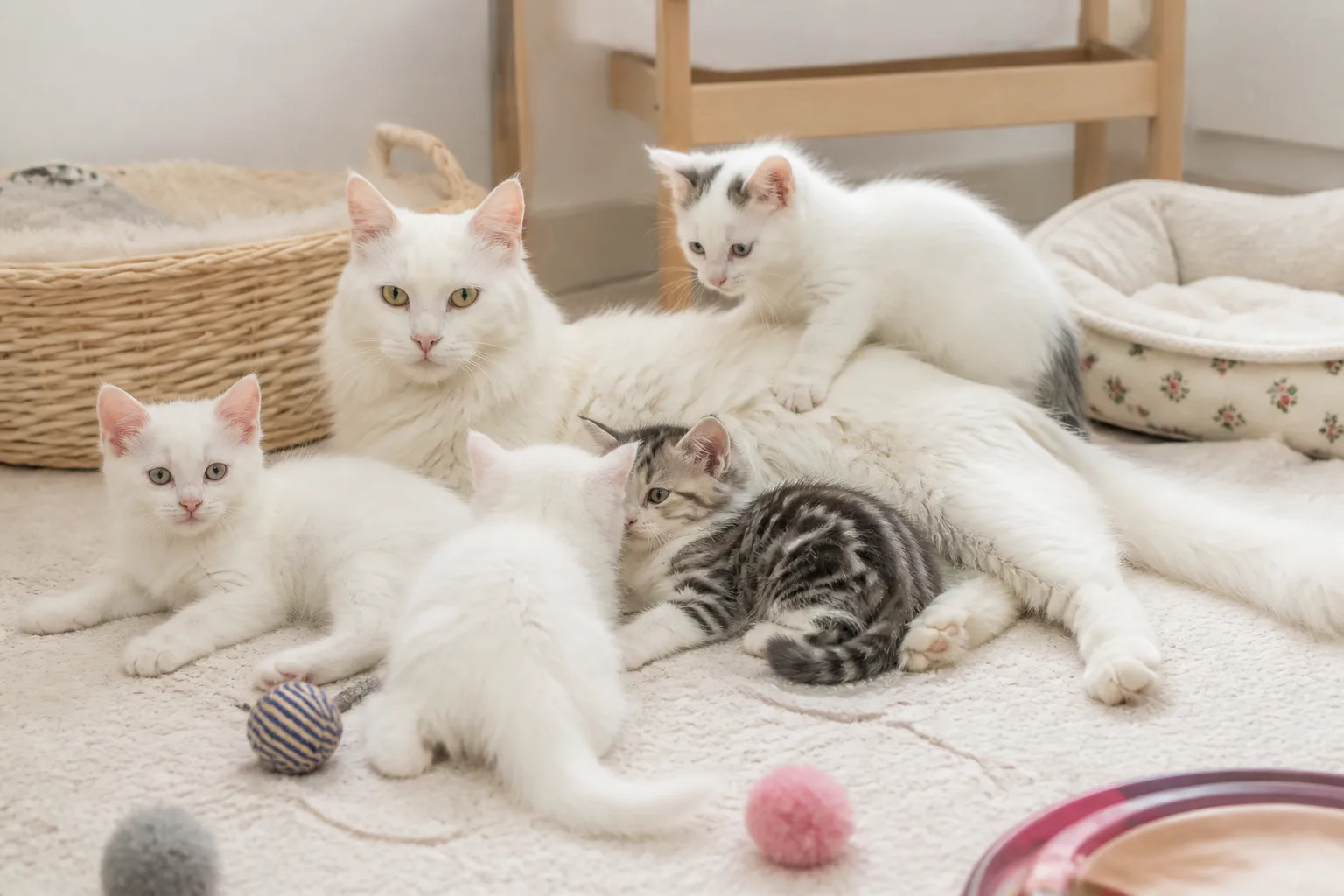 Healthy Turkish Angora kittens interacting with their mother in a clean home nursery