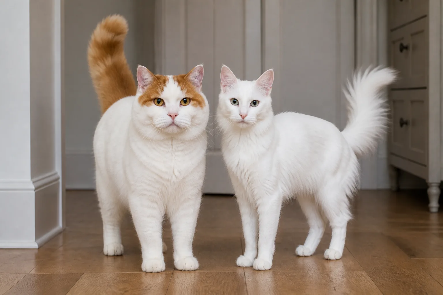 Adult Turkish Van and Turkish Angora standing side by side in the same natural light, full bodies and tails visible