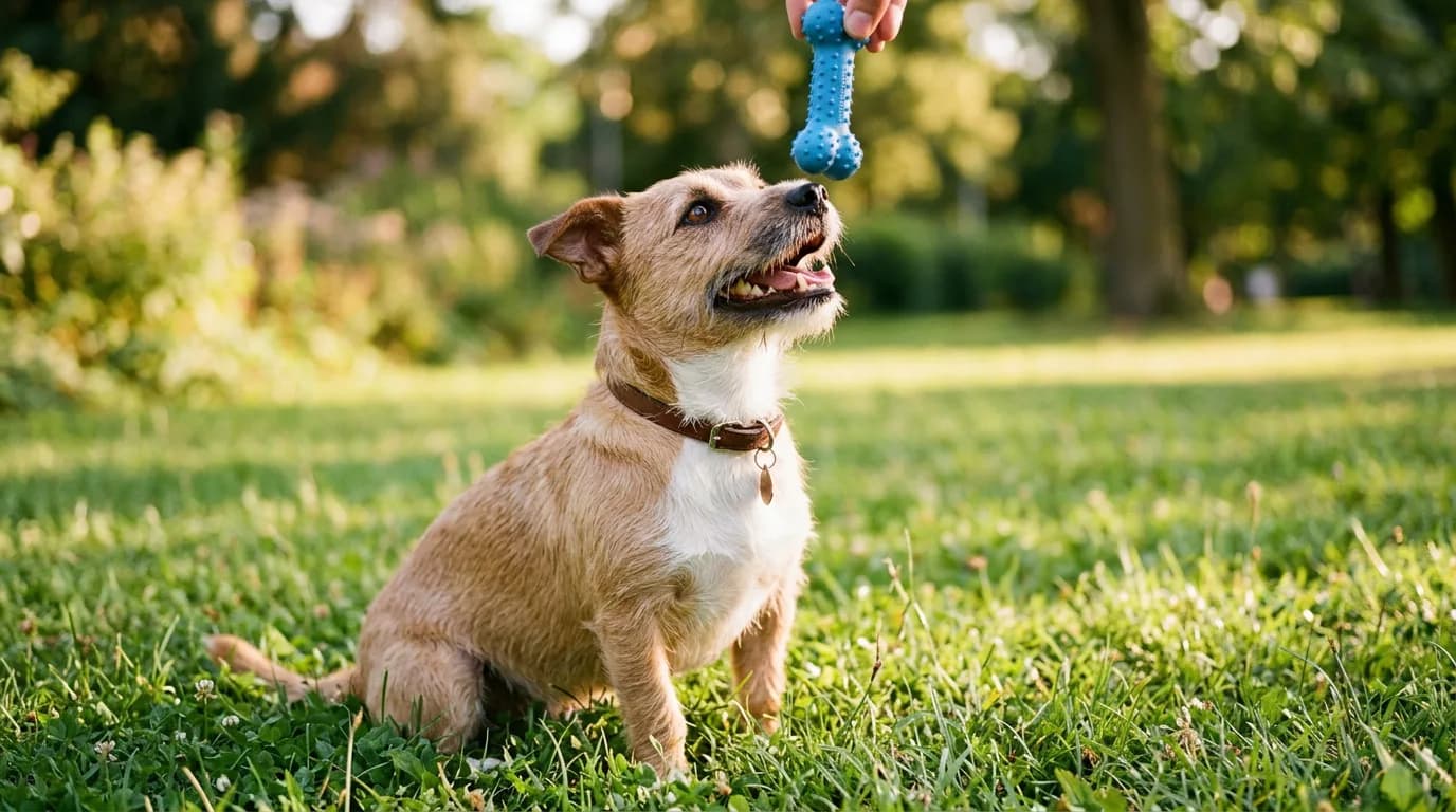 A happy tan-and-white terrier mix sitting on green grass gazing up at a bright blue rubber toy held just above its nose, warm afternoon light, shallow