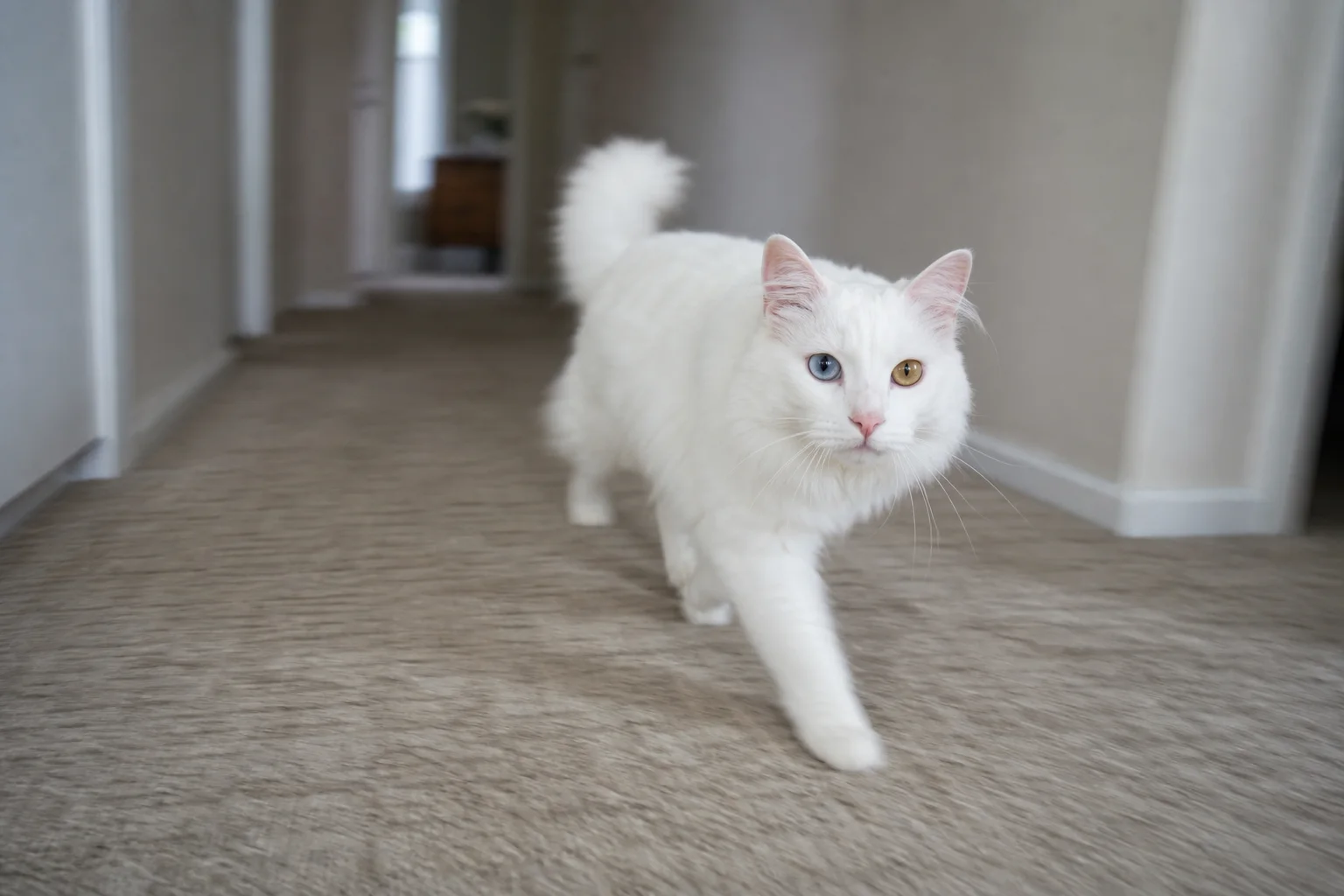 An odd-eyed white longhaired cat trotting through a carpeted hallway, with one blue eye and one amber eye.