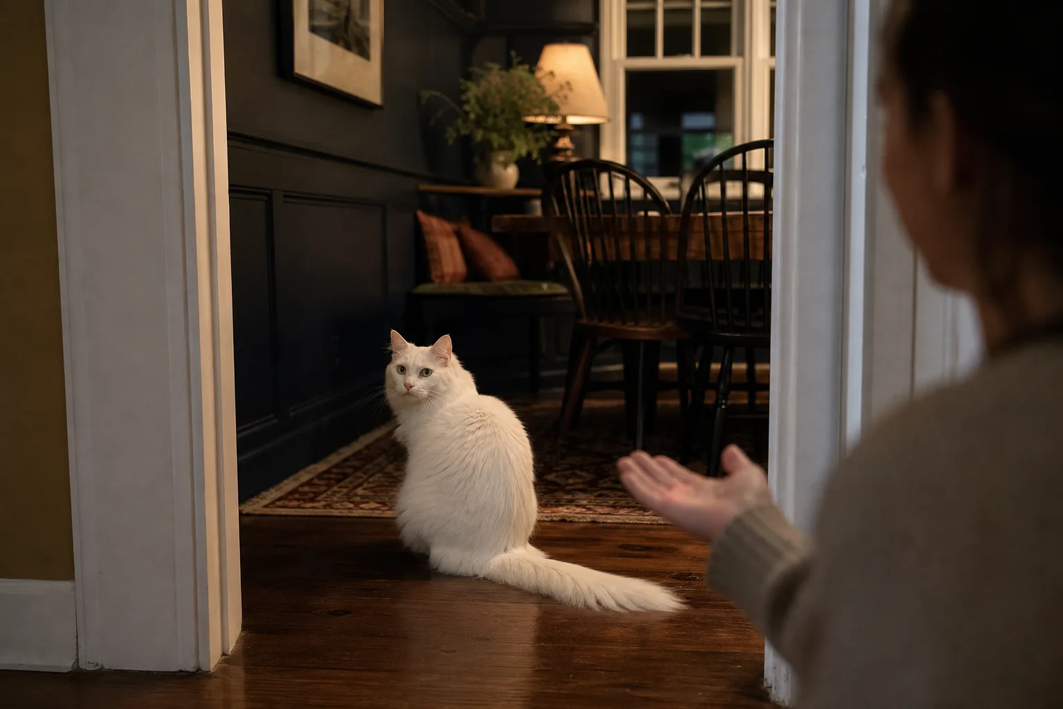 A green-eyed white longhaired cat turns toward a caregiver calling from a dark dining room doorway.