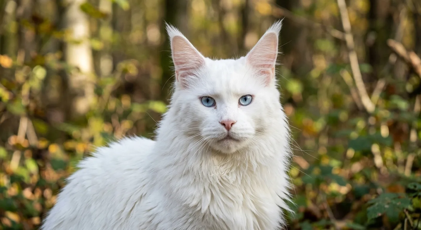 Close-up portrait of a white Maine Coon with striking pale blue eyes, whisker pads prominent, against a soft-focus background