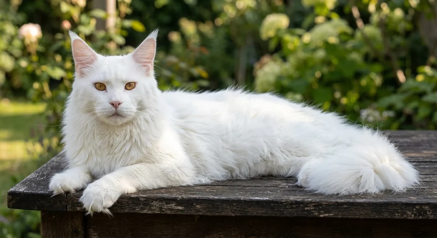 A white Maine Coon with warm amber-gold eyes, sunlit coat gleaming, reclining on a dark wooden surface