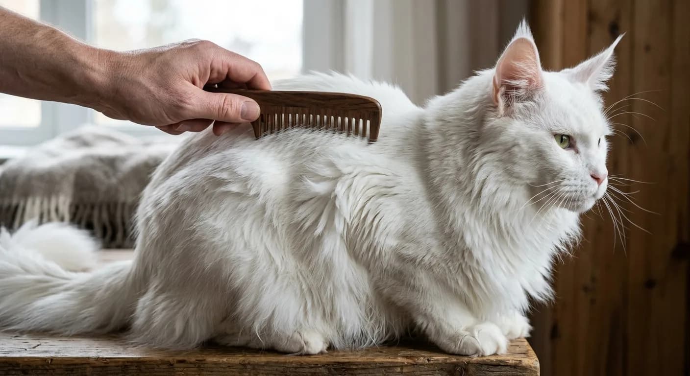 A hand using a wide-toothed comb through the long white coat of a Maine Coon, showing coat depth and texture