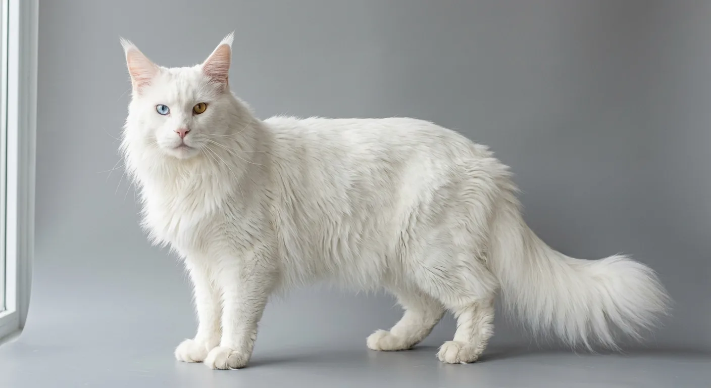 A solid white Maine Coon adult standing full body on a neutral grey background, showing the long shaggy coat, tufted ears, and imposing size