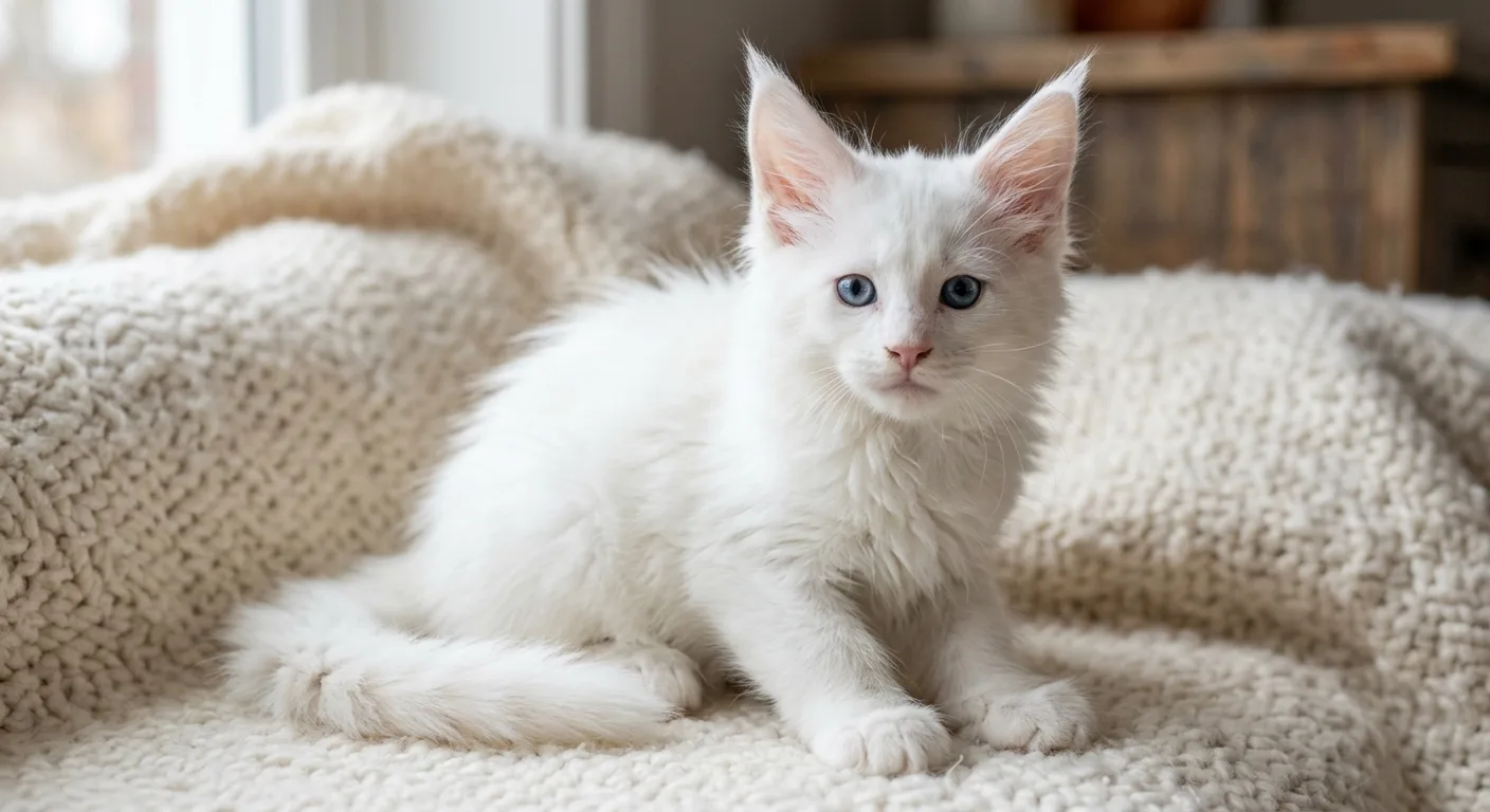 A white Maine Coon kitten at approximately 10 weeks old, round-faced, with oversized paws, sitting on a cream-colored blanket